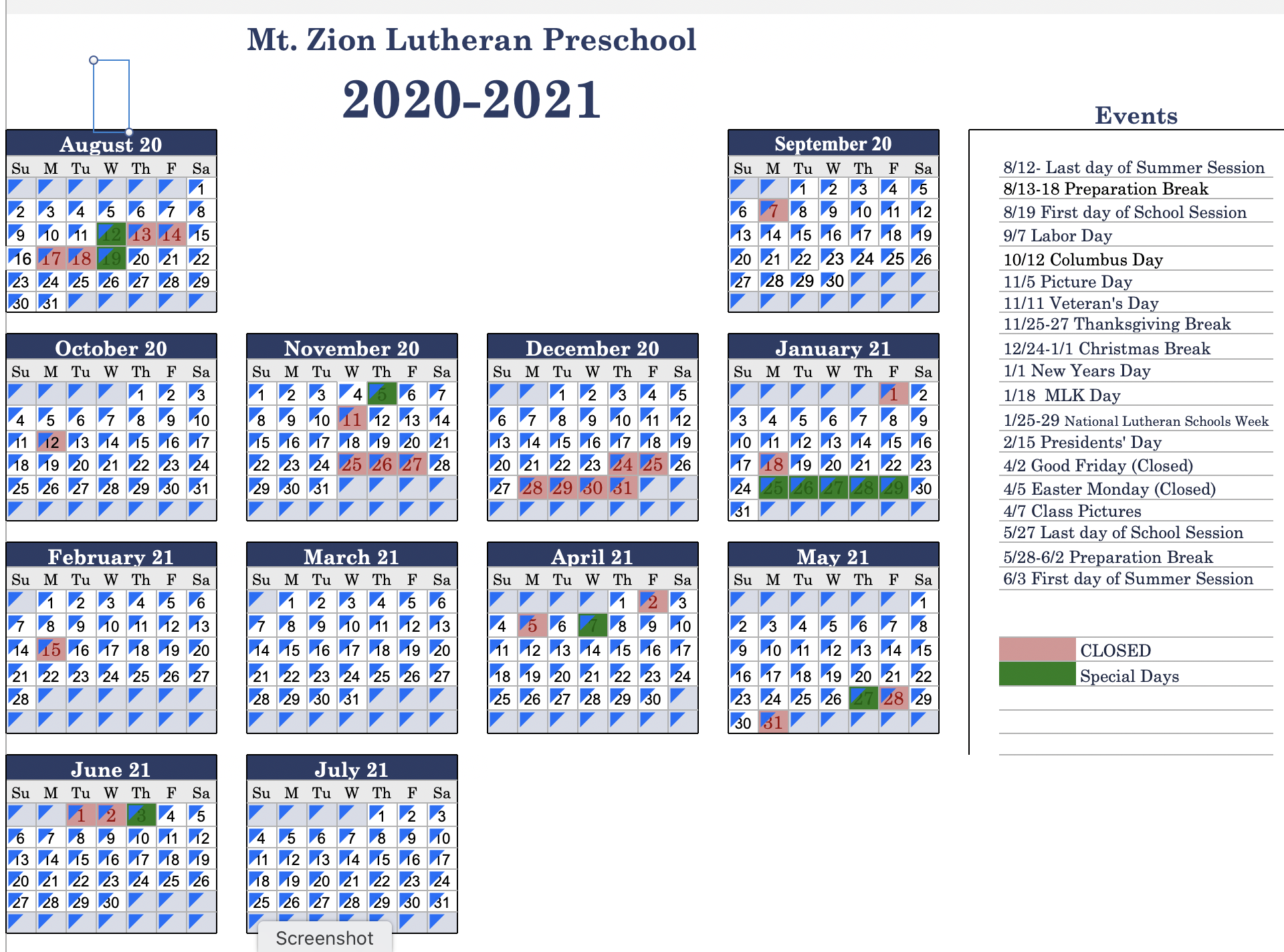 Calendar Mt. Zion Lutheran Church & Preschool